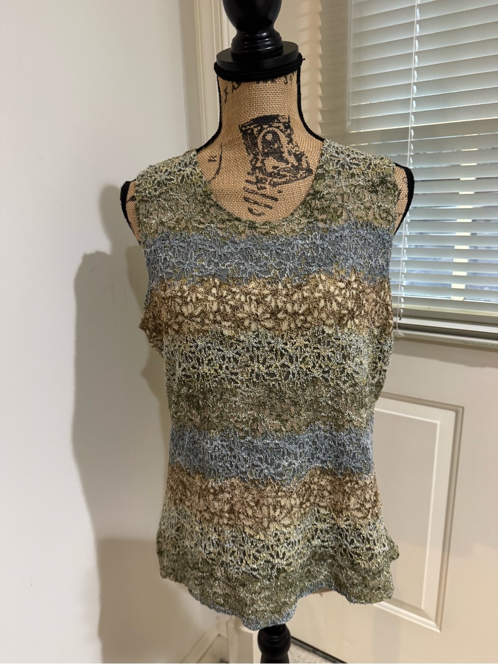 Open-Weave Striped Knit Tank Top in Olive, Gray & Tan